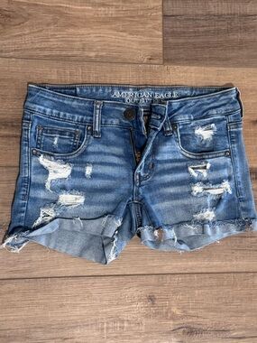 American Eagle Outfitters Distressed Low Rise Shortie Blue Denim Shorts